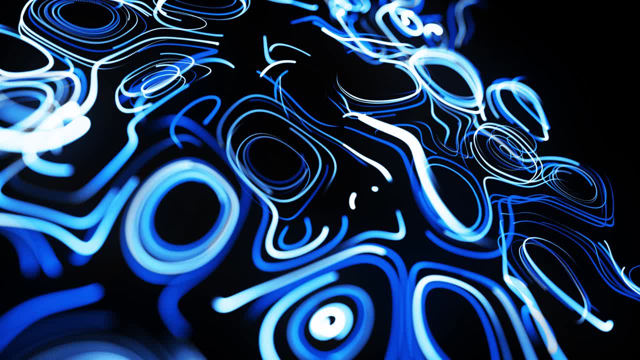 Abstract 3d looped background with lines form swirling pattern like curle noise with light streaks. Flow of particles forms curled lines like blue glow trails. Beautiful swirls of lines as abstract bg