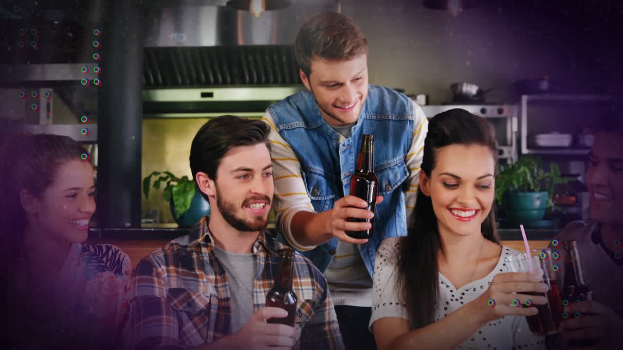 Friends clinking drinks as man offering beer, celebrating food, purple overlays framing edges