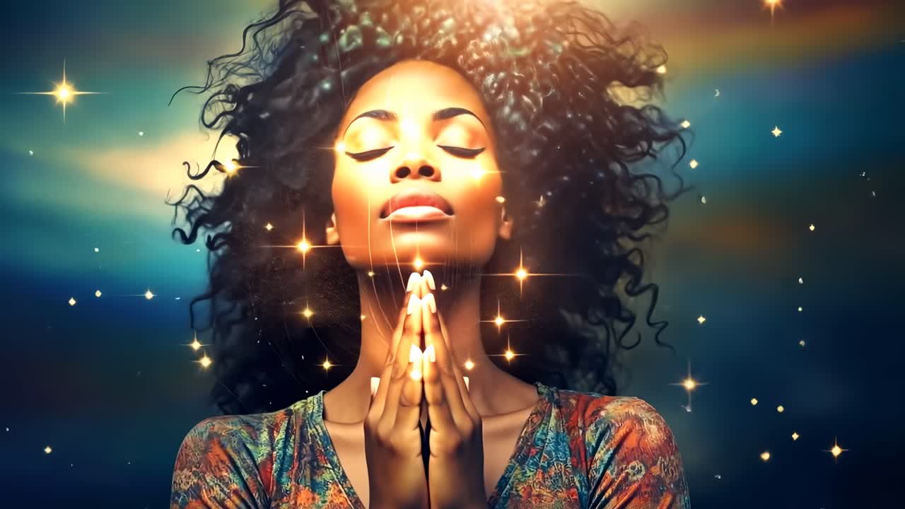 A mystical video concept with a close-up angle of a serene woman, eyes closed, surrounded by glowing