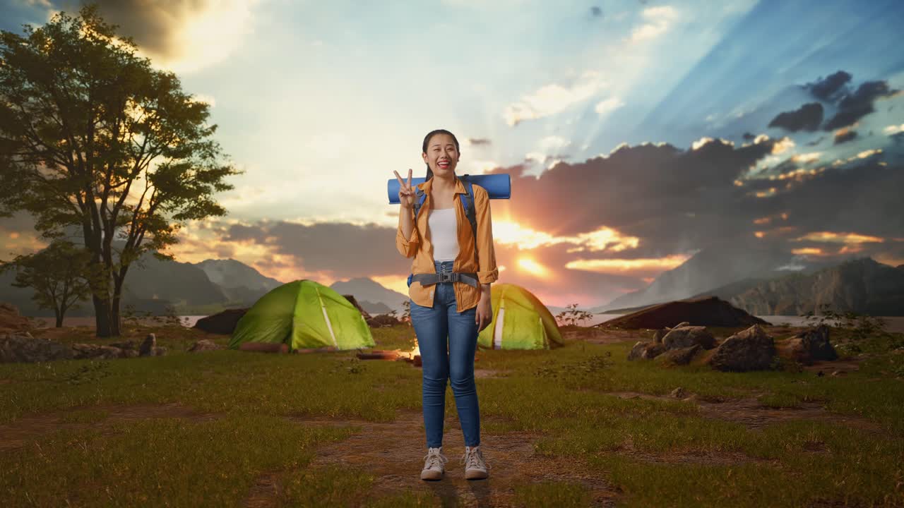 Happy Woman Camping at Sunrise