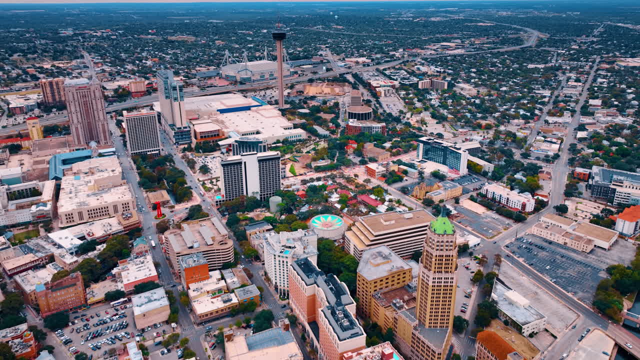 San Antonio, USA, 14 August 2025: Hemisfair Park and Tower of the Americas. Bird's eye view of the convention center area, public park, and iconic observation tower in downtown