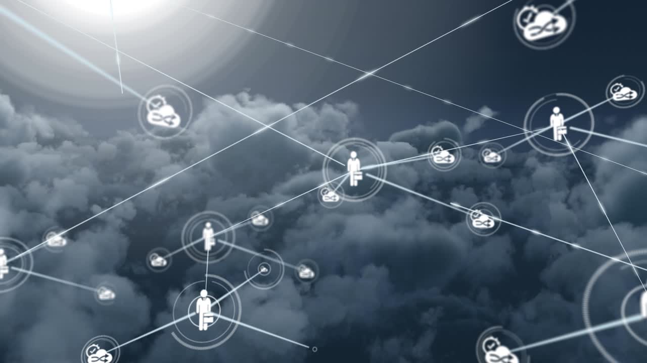 Animation of network of connections with people icons over clouds
