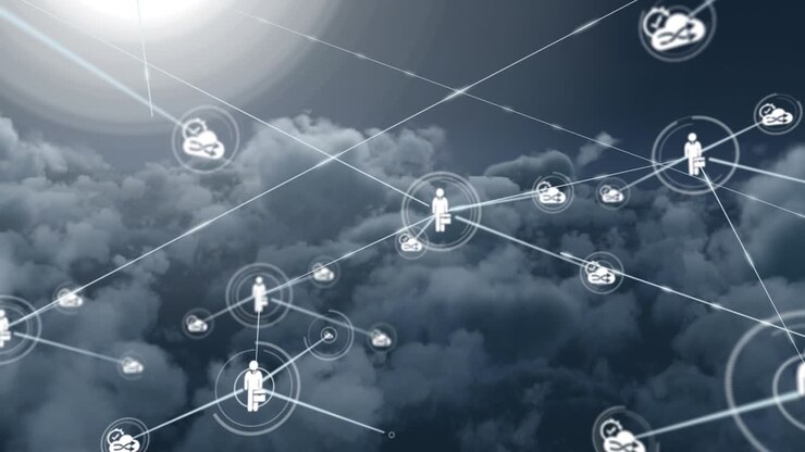 Animation of network of connections with people icons over clouds