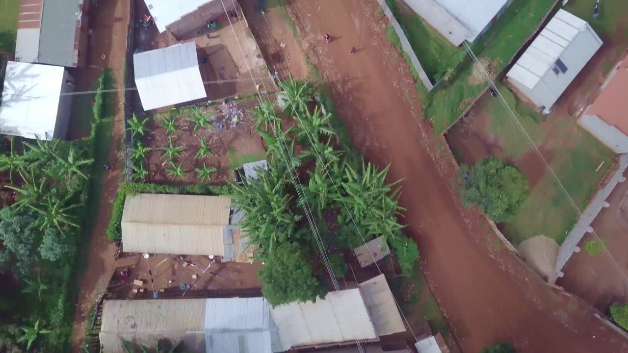Low-altitude aerial shot directly above homes and banana trees in Kapchorwa town, Eastern Uganda, capturing rural settlement layout and tropical vegetation from a top-down drone perspective