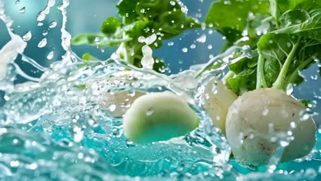 a bunch of turnips being splashed with water