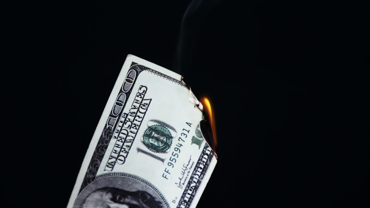 Animation of burning american dollar bill, financial data processing with statistics over grid