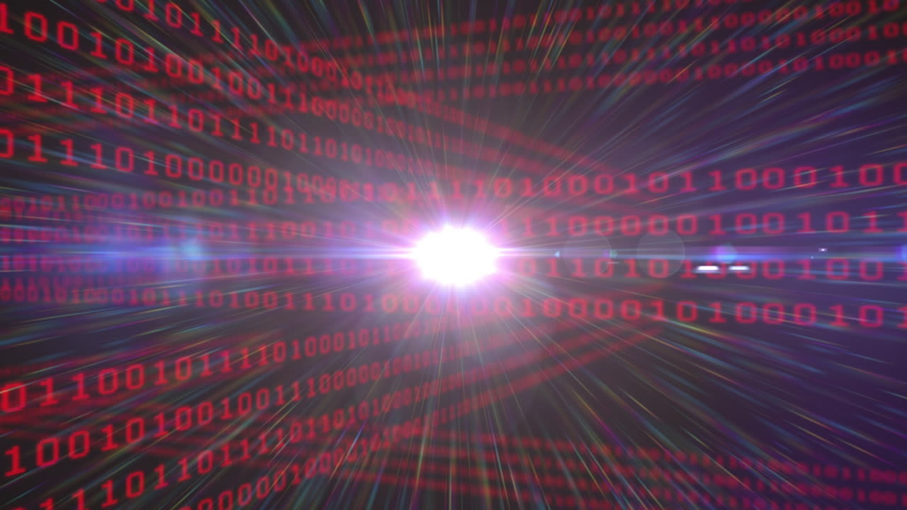 Animation of data processing over light trails on black background