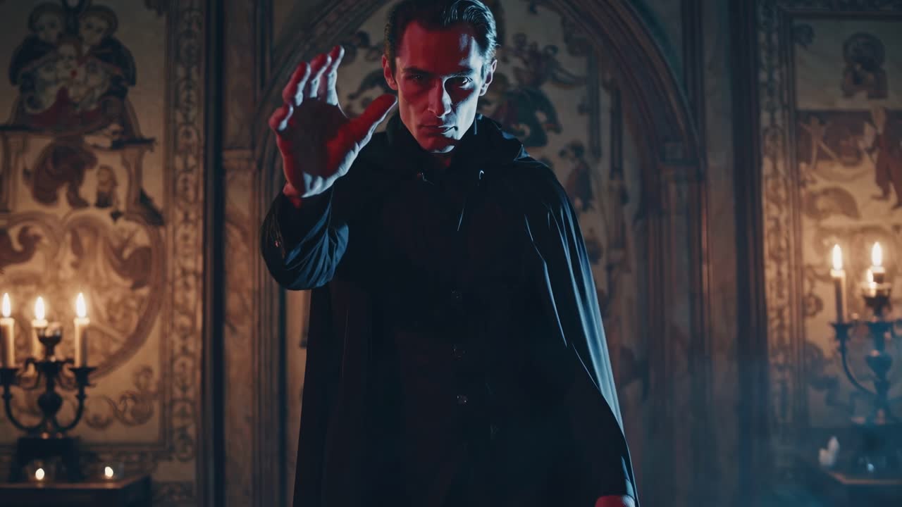A gothic-themed video scene with a mysterious figure in a dark cloak