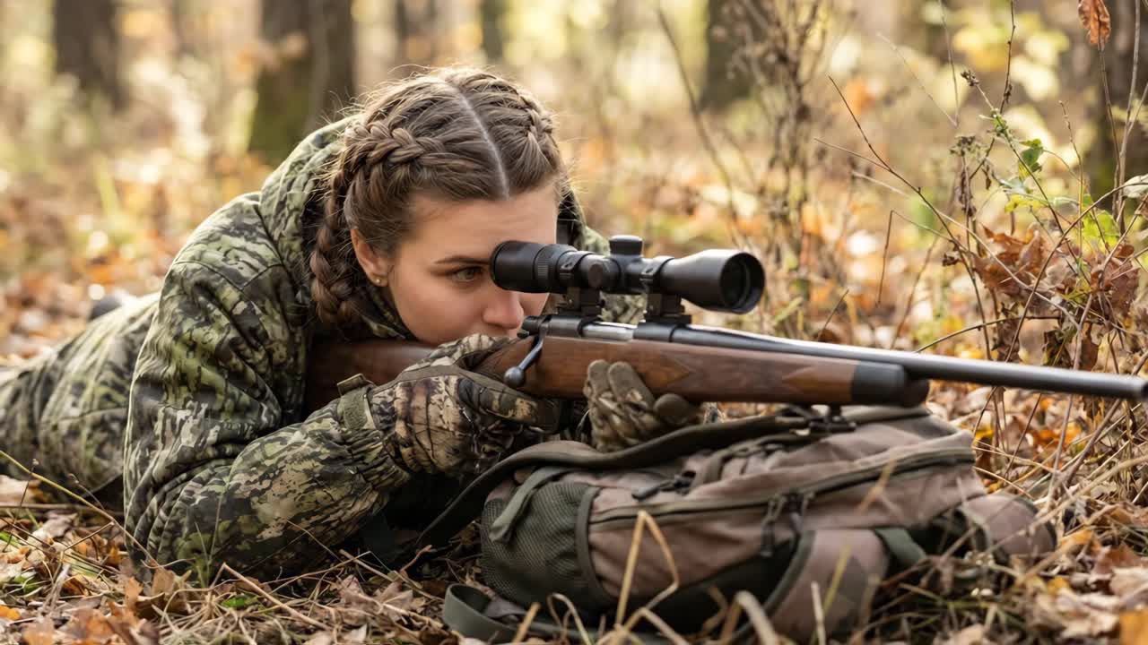 Ung kvinnejeger sikter med rifle med kikkertsikte i høstskog