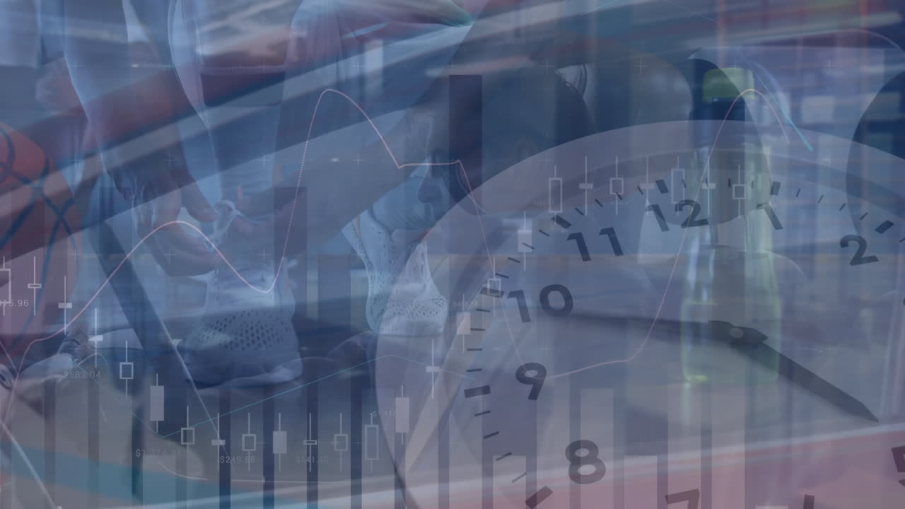 체육관에서 다양한 남성 농구 선수에 대한 데이터 처리 애니메이션