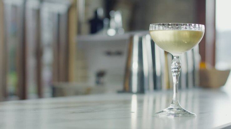 Primo piano di un cocktail decorato in un bicchiere su un bar, con un'atmosfera da bar sfocata sullo sfondo