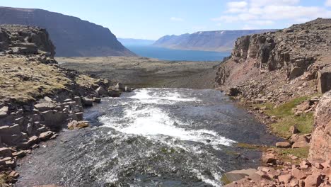 wide river of glacier and snow melt flowing out into the vast fjords of the westfjords of iceland