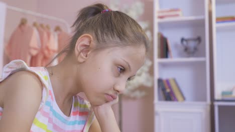 unhappy thoughtful little girl in her room.