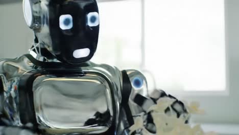 a futuristic robot engaged in delicate cake decoration: exploring the intersection of technology and culinary artistry in a modern kitchen setting