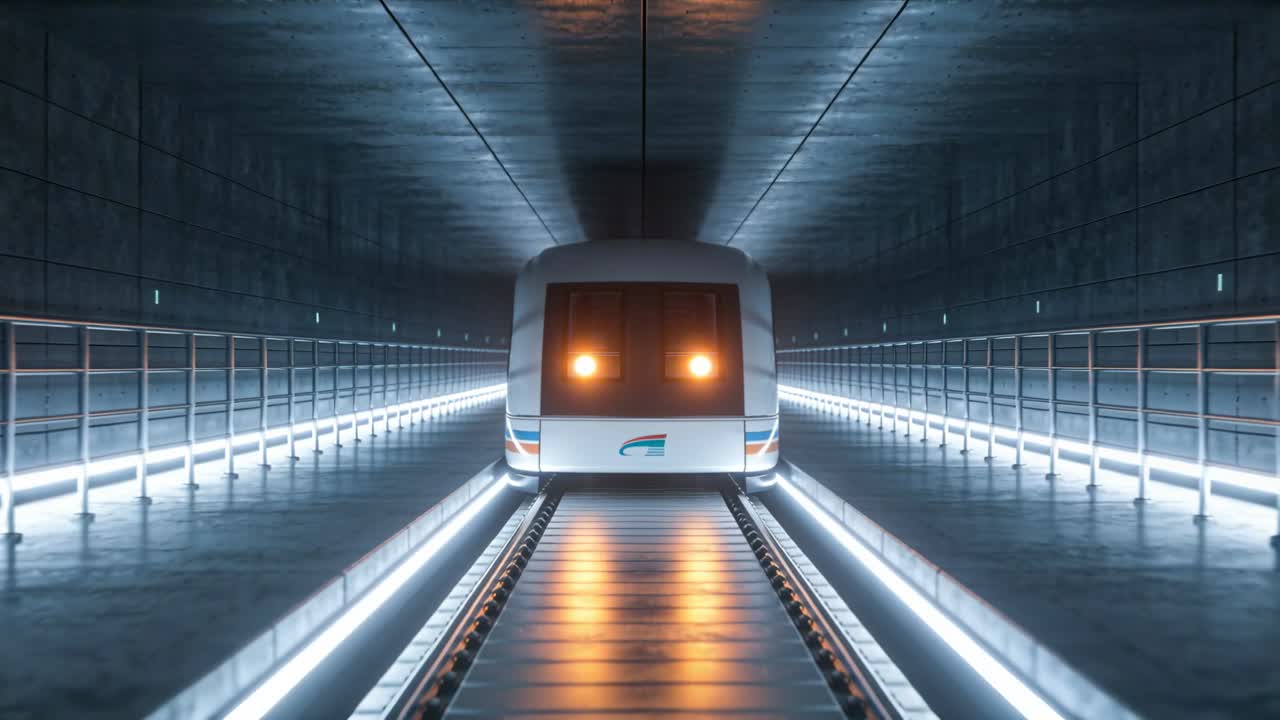 Muso di un treno di transito automatizzato che avanza dopo un segnale di controllo, con i fari che si riflettono sulla guida.