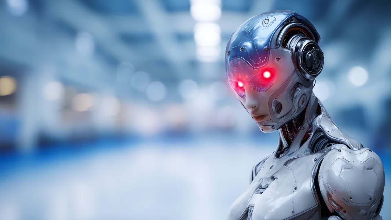 Yüksek teknolojiye sahip bir ortamda parlayan mavi ve kırmızı detaylara sahip fütüristik android, tasarımda gelişmiş robotik ve yapay zeka entegrasyonunu sergiliyor