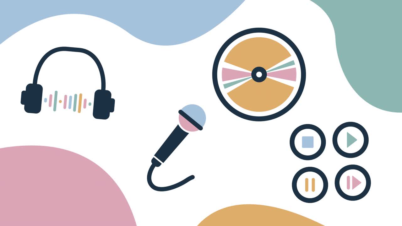 색 배경에 있는 만화 음악 아이콘의 4k 비디오