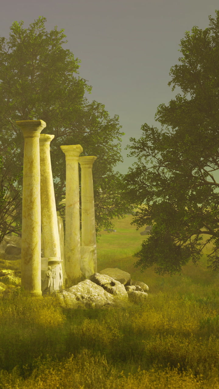 Remains of ancient columns in a grassy field during early morning light