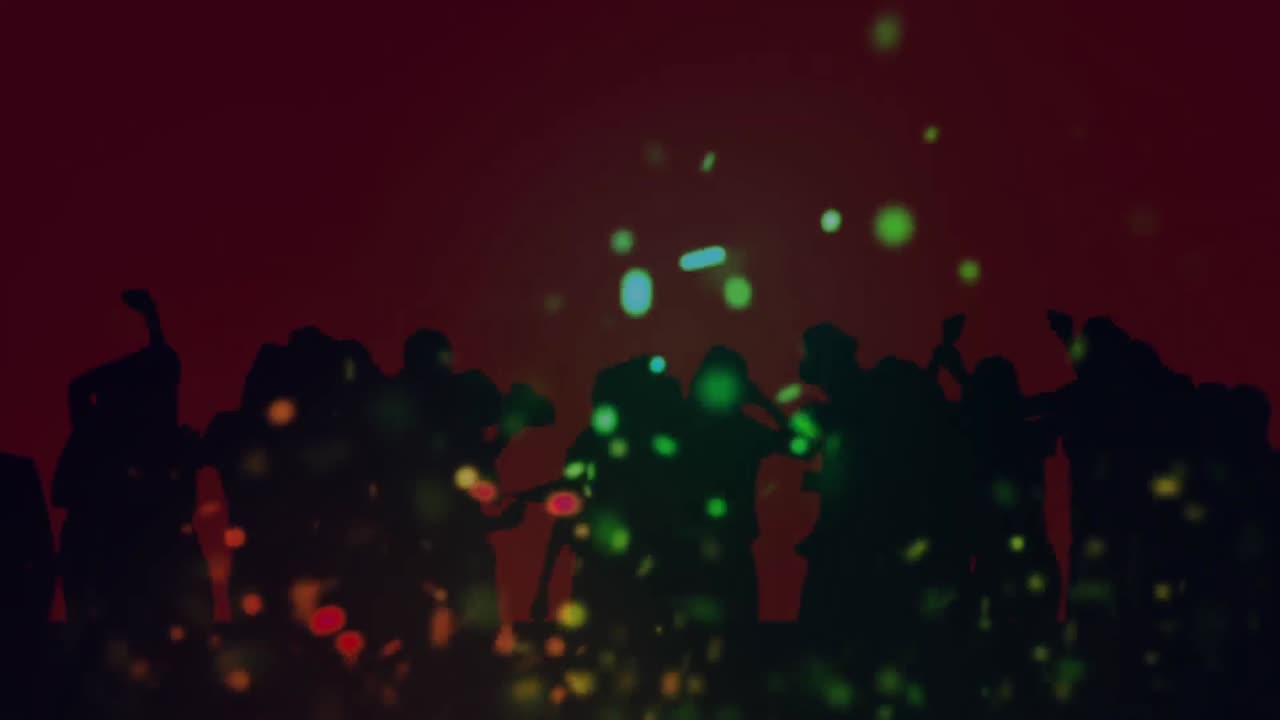 Animation of colourful spots of light over dancing crowd with red background
