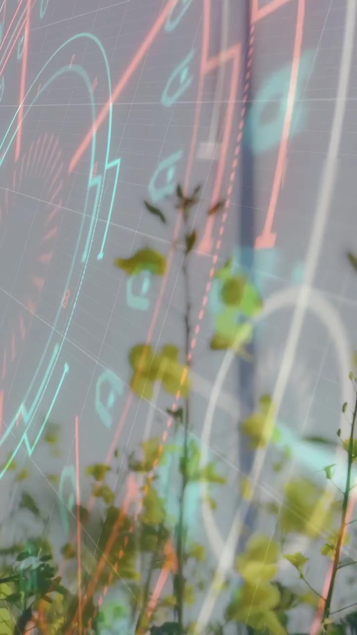 Video verticale: Raggio arancione che spazza, anelli HUD si espandono attorno a piante gialle per la tecnologia.