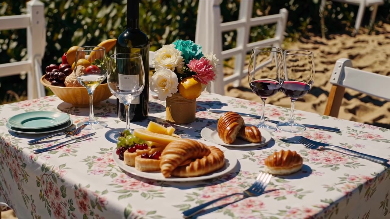 Tavolo da picnic splendidamente apparecchiato su una spiaggia sabbiosa con vista sull'oceano