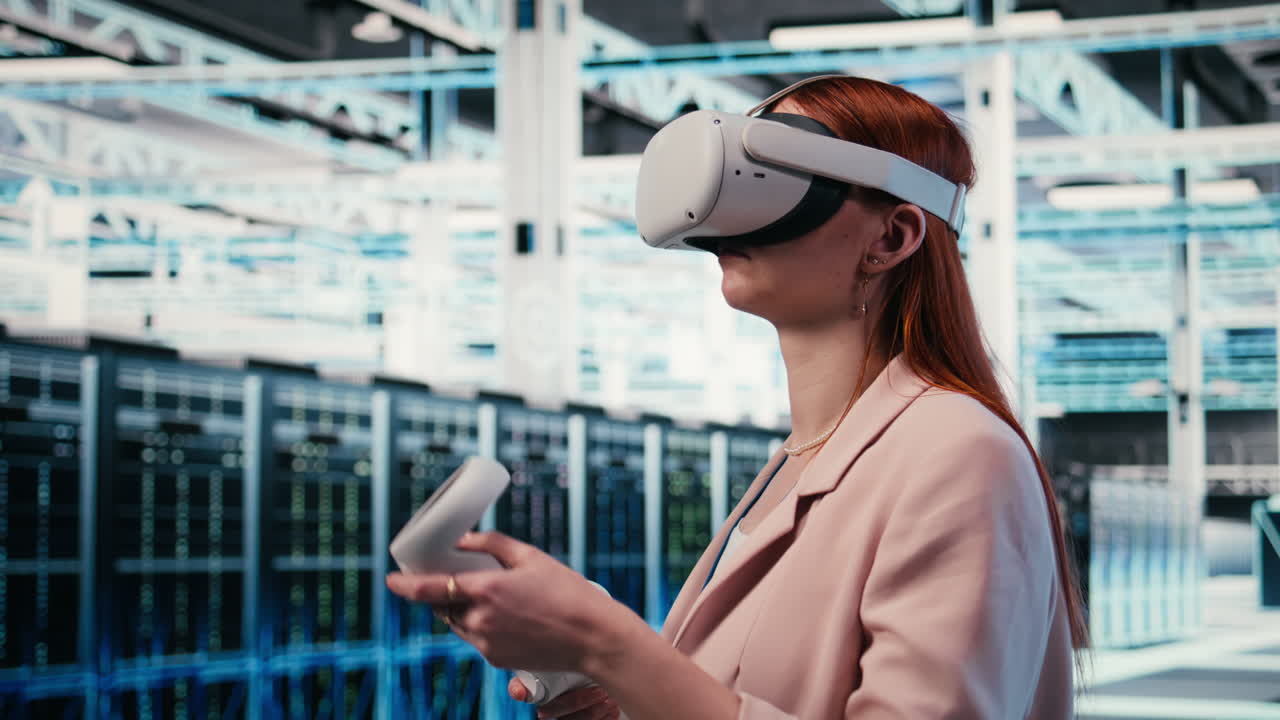 Woman Using VR Headset and Controllers in Futuristic Data Center