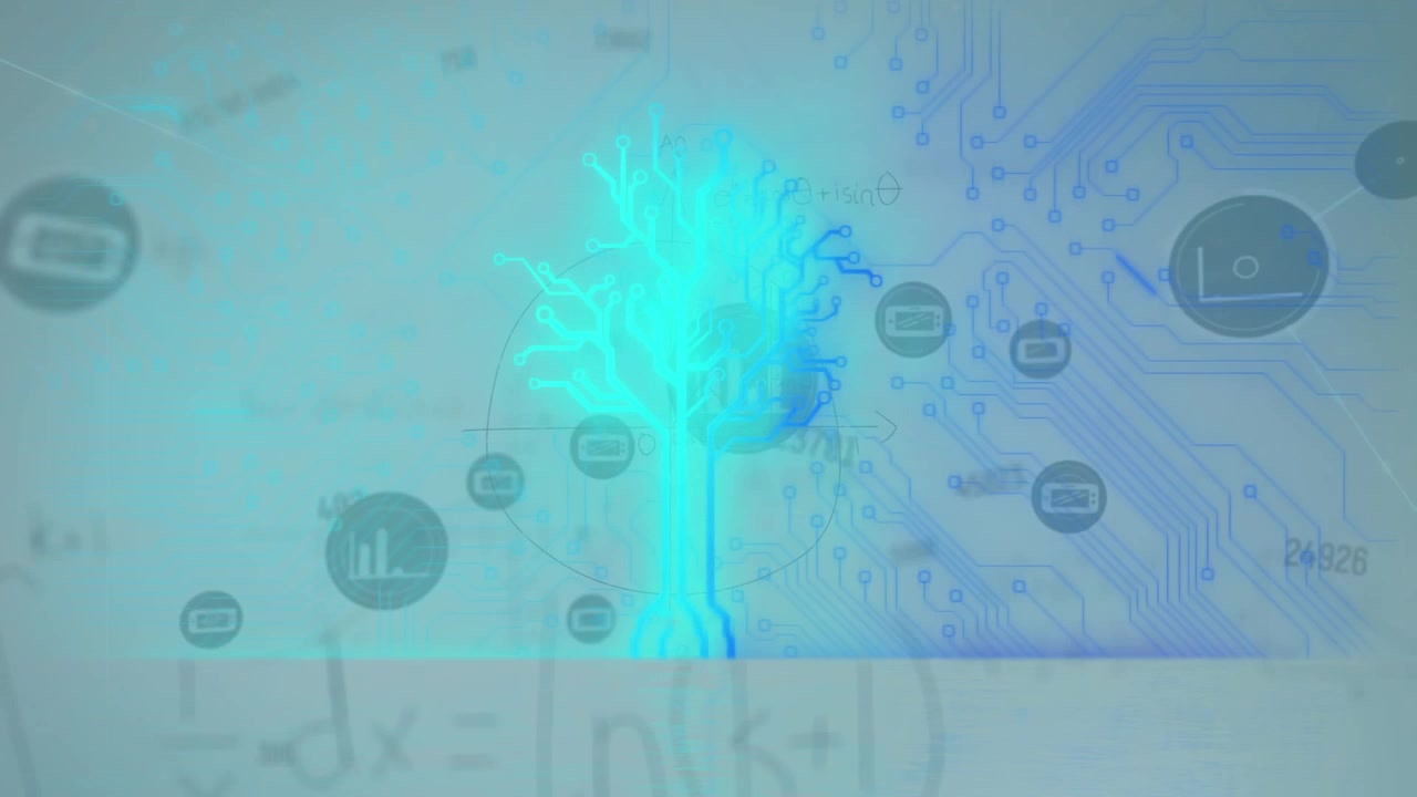 Digital Tree and Circuit Board Animation with Mathematical Formulas