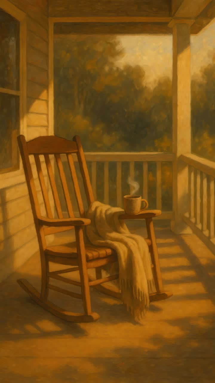 Warm, nostalgic video concept of a wooden rocking chair on a porch, captured at a low angle