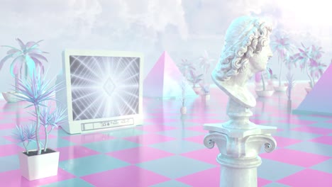 aesthetic vaporwave statue with retro crt tv and mall palm plants - 4k seamless loop motion background animation