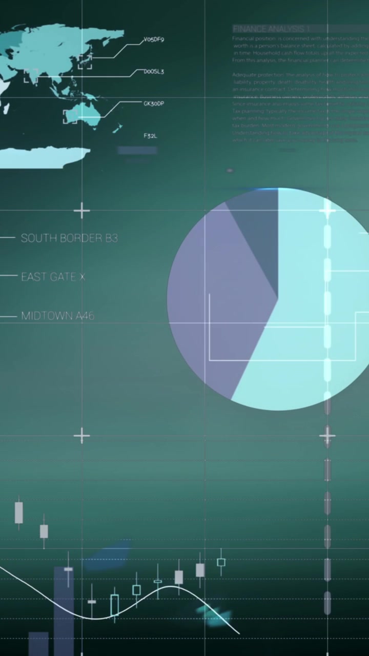 Animación digital de procesamiento de datos financieros y estadísticos contra un fondo verde