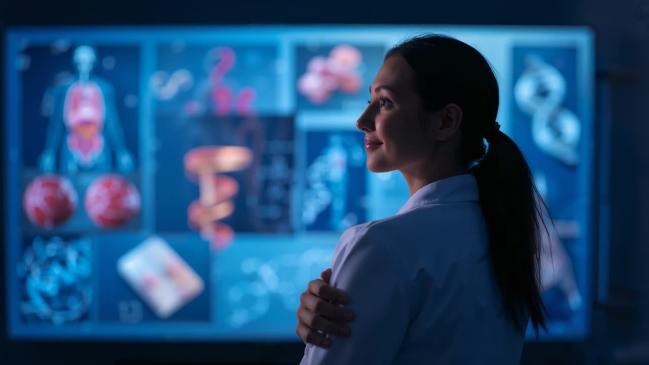 Reacting to panel update lab coat woman with ponytail at lab studying DNA, confirming, copy space