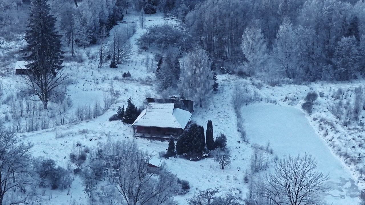 A cinematic aerial parallax shot circling a traditional wooden Latvian house on a frozen lakeshore, surrounded by a snow-dusted mixed forest during the serene winter blue hour
