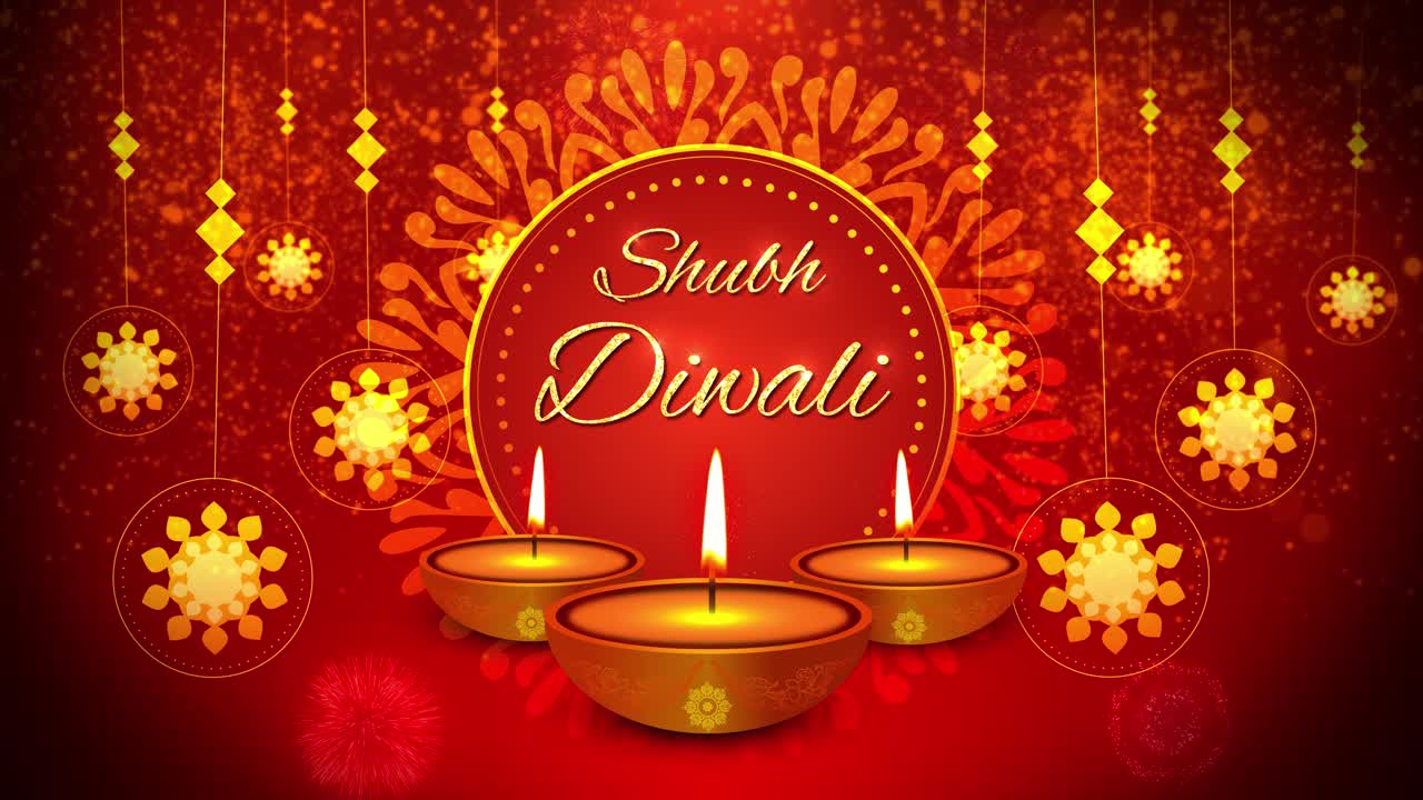 Sfondo animato in loop 4K oro con ornamenti per il Diwali Deepavali, festival delle luci indiano, auguri di felice Diwali.