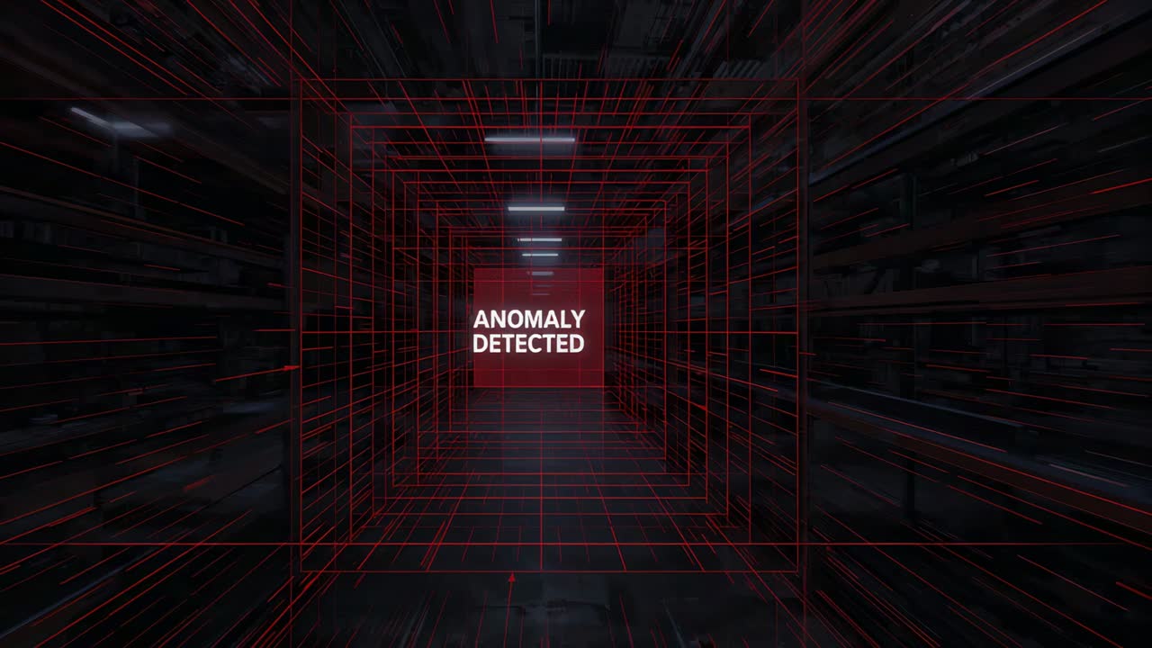 Advancing red wireframe tunnel pulling camera forward in dim server aisle, showing ANOMALY DETECTED