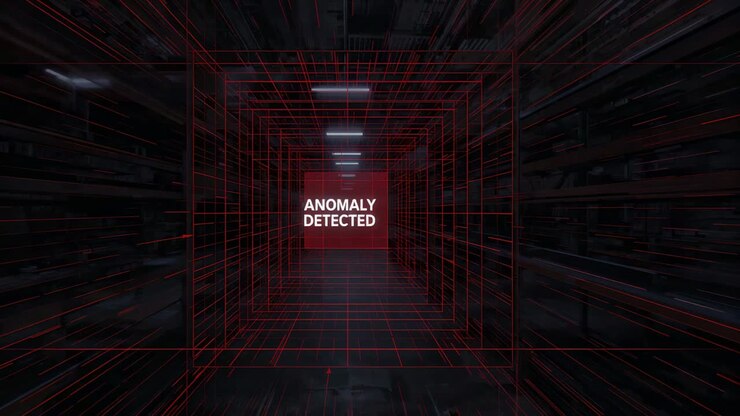 Fremadskridende rød wireframe-tunnel trækker kameraet fremad i en mørk servergang, viser ANOMALI REGISTRERET.