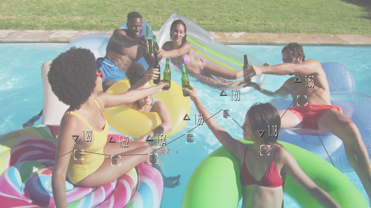 Toasting with drinks, friends on inflatables in pool, enjoying summer animation
