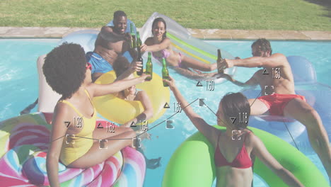 toasting with drinks, friends on inflatables in pool, enjoying summer animation