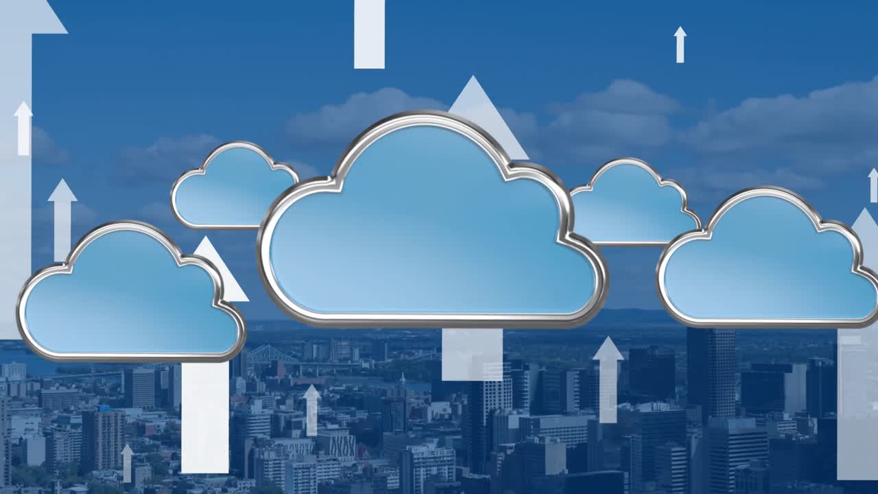 도시 풍경 배경 위에 화살표가 있는 구름의 애니메이션