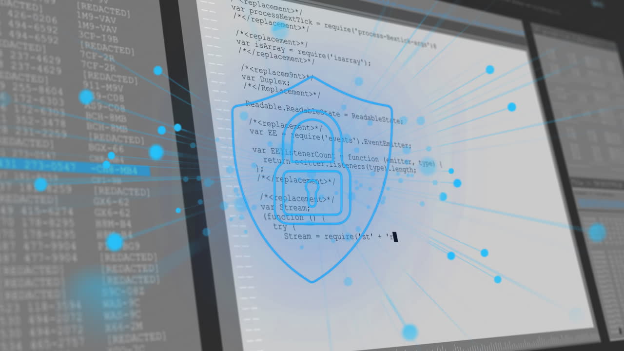 Animation of online security padlock and data processing on screens over blue background