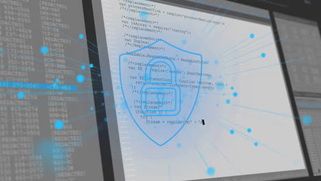 animación del candado de seguridad en línea y procesamiento de datos en pantallas sobre fondo azul