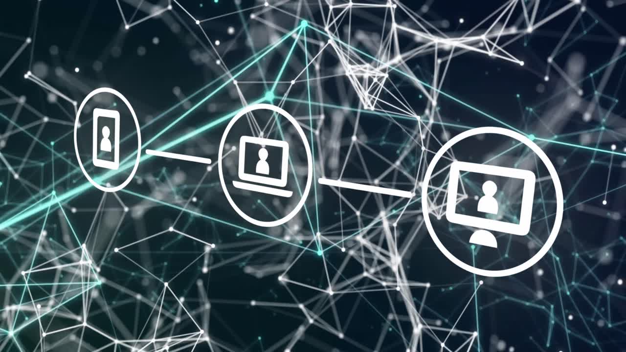 animación de iconos y red de conexiones sobre fondo oscuro