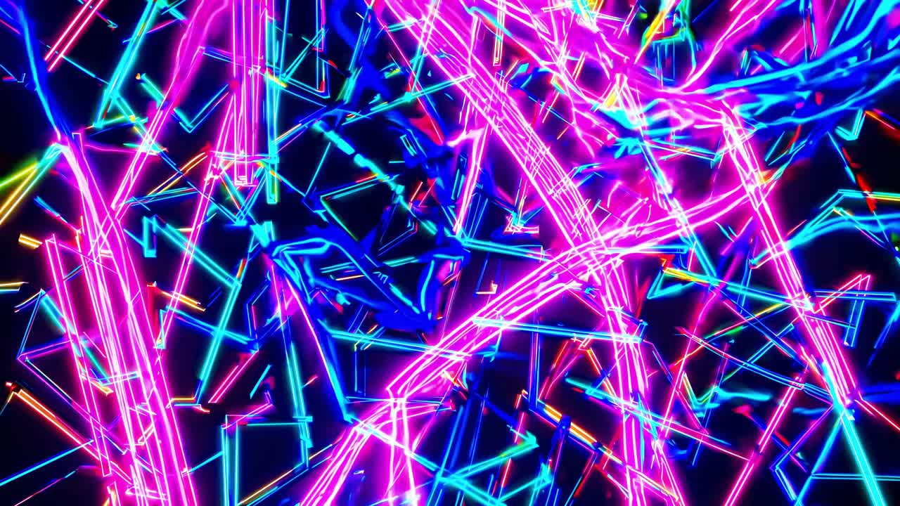 Colorful neon light trails intertwining and overlapping, creating a dynamic and energetic abstract composition against a dark backdrop, ideal for music, entertainment, and nightlife themes
