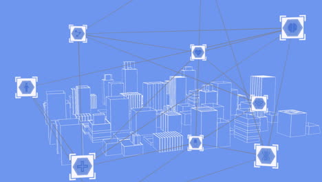 animación de la red de conexiones con iconos sobre la ciudad digital sobre fondo azul
