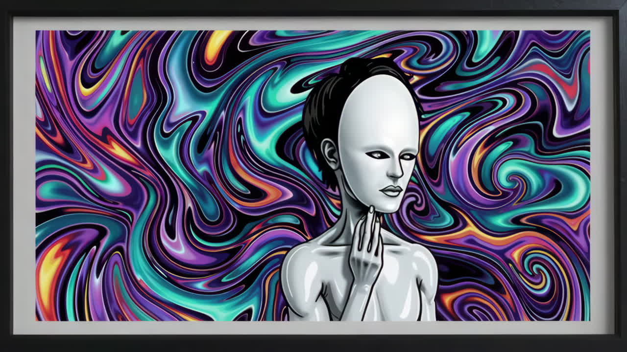 Enigmatic Figure Amidst Psychedelic Swirls
