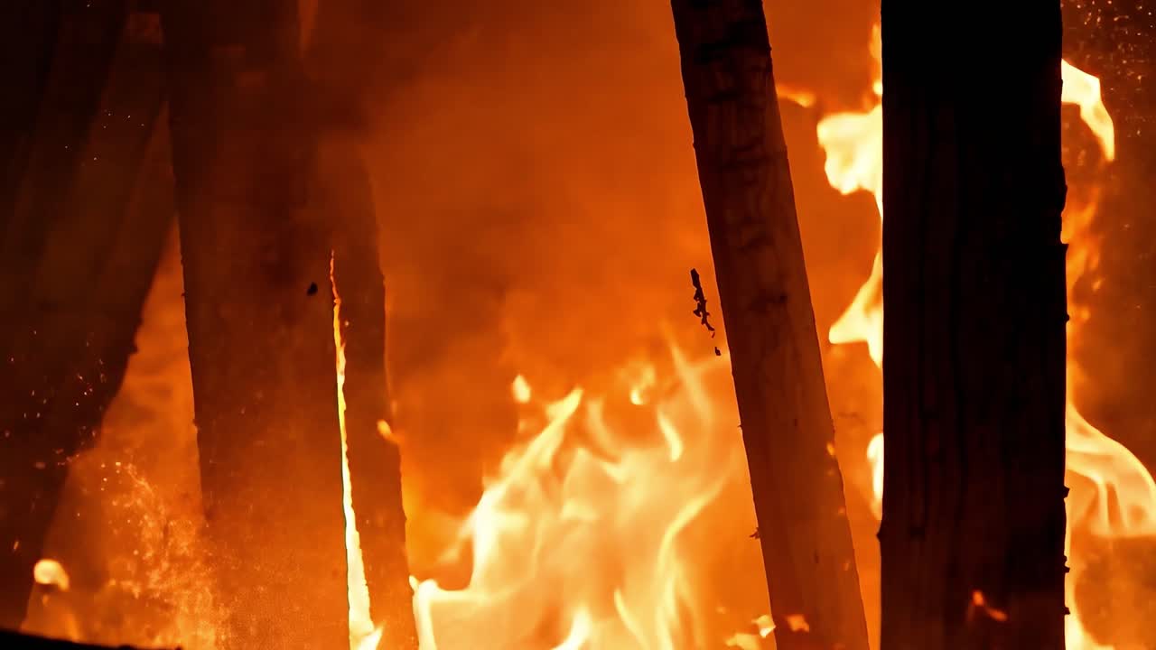 intensas llamas envuelven una estructura de madera, creando una hipnotizante exhibición de destrucción y caos