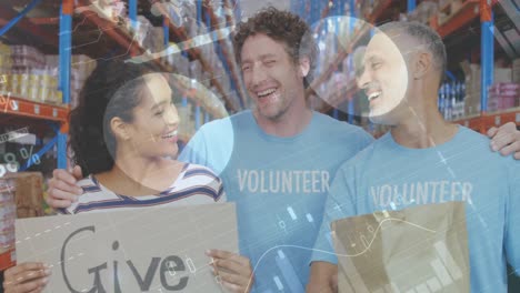 statistical data processing against diverse male and female volunteers smiling at warehouse