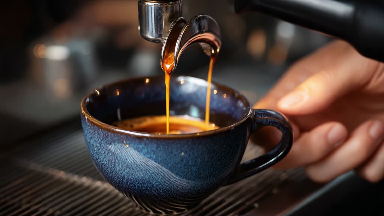 A Captivating Coffee Brewing Experience: The Art of Espresso Preparation, Showcasing the Sophisticated Extraction Process of Rich, Aromatic Espresso Pouring into a Stylish Cup, Inviting Coffee Lovers Everywhere
