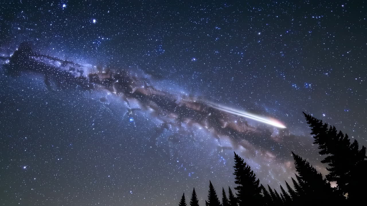 Night Sky with Milky Way and Meteor Shower over Forest