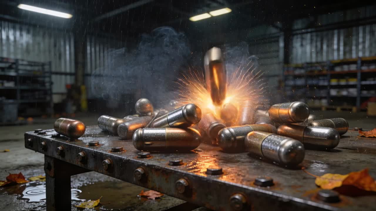 Accendendo una pila di contenitori metallici che invia scintille, esplodendo e spostandosi su un banco da lavoro in acciaio dopo la fiamma.