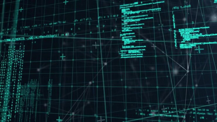 Animation of network of connections over data processing on black background
